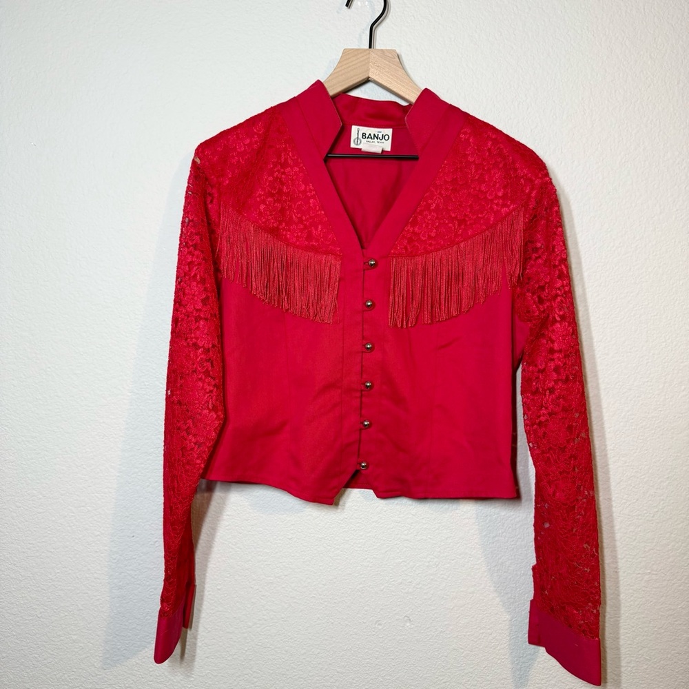 Banjo VTG #20A Fringe Lace Western Cropped Button Shirt L Large